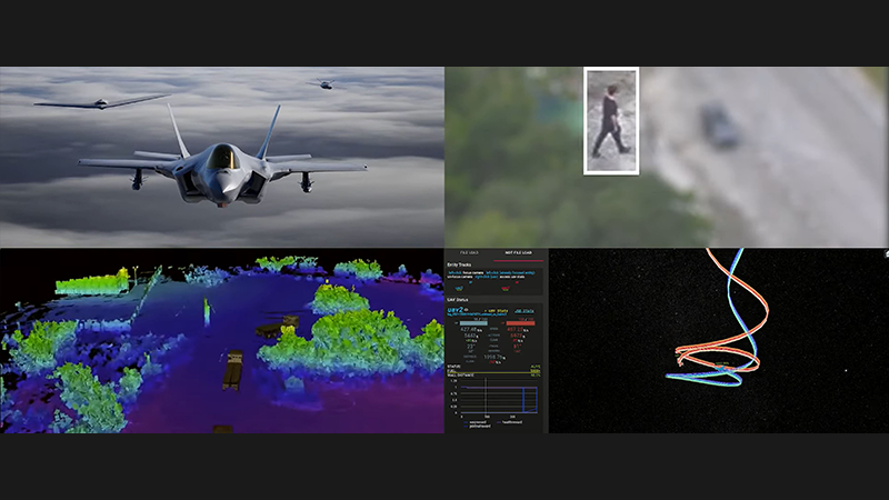 Image showing four sections, one with fighter jet flying towards the camera, second showing AI enhanced security footage, third being a heat sensitive topographical map and the fourth showing data visualizations